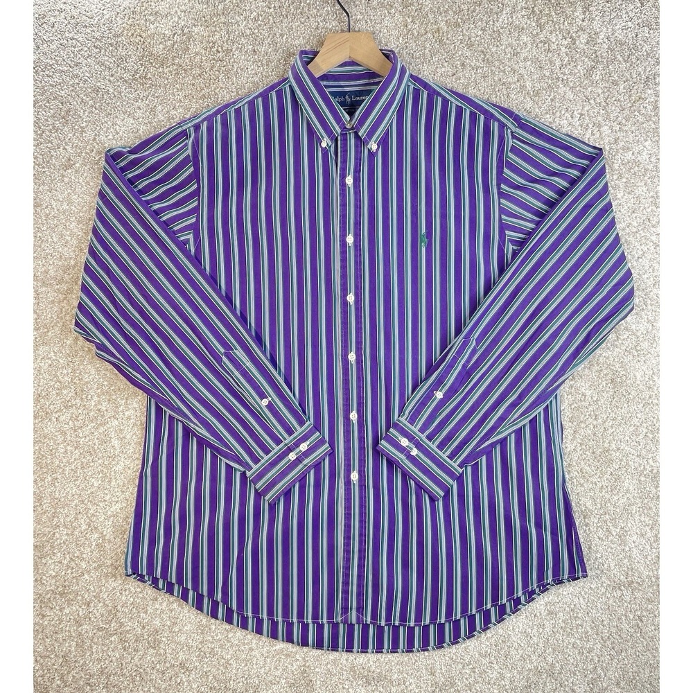Ralph Lauren Dress Shirt Men's XL Custom Fit Purple Button Up Cotton Stripes